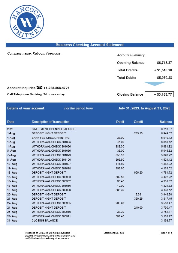 Modèle Word et PDF de relevé de compte courant d'entreprise Hancock Whitney Bank